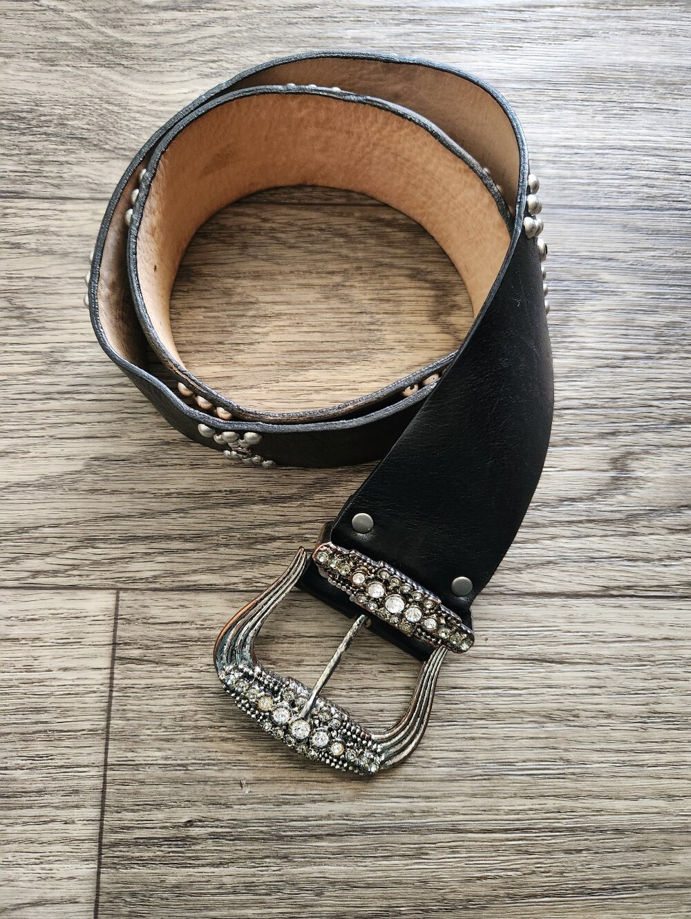 Leatherrock Vintage Black Studded Leather Western Belt Crystal Buckle